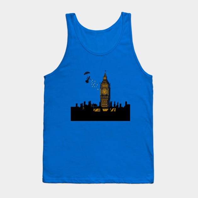 Mary Poppins and Big Ben Linocut Silhouette Print in black, blue and gold Tank Top by Maddybennettart